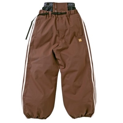 Brown jogger-style pants with white side stripes, elastic cuffs at ankles, and a drawstring waist on a plain background.