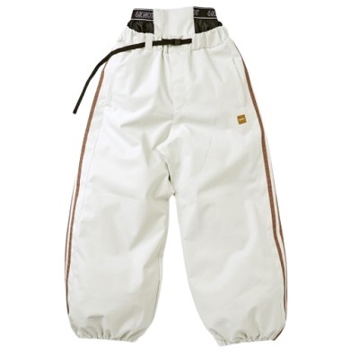 White loose-fit pants with brown side stripes and a black belt, elastic cuffs at the ankles.
