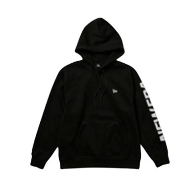 NEWERA3 - SHOP NEWS | ムラサキスポーツオンラインストア 通販 Black hooded windbreaker with front zipper, two zip pockets, a small white logo on the chest, and white text running down the left sleeve.