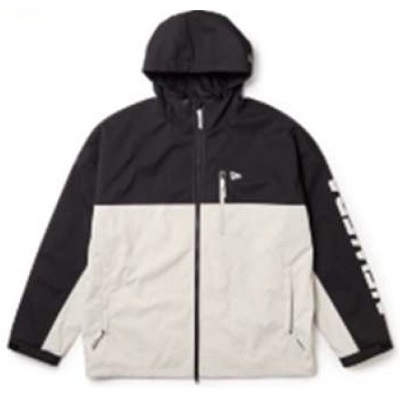 NEWERA4 - SHOP NEWS | ムラサキスポーツオンラインストア 通販 Two-tone hooded windbreaker: black upper half and beige lower half with front zipper and side pockets.