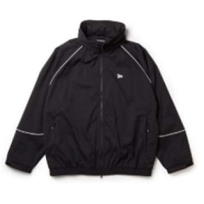 Black windbreaker jacket with a zipped front, hood, and white piping along seams; carries a small logo on the chest.