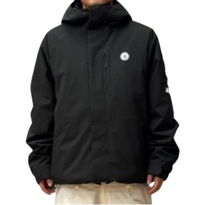 Black hooded jacket with a chest zipper pocket and small circular logo, worn by a person.