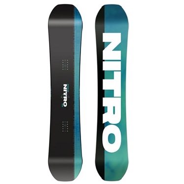 Pair of Nitro snowboards with a blue-to-teal gradient and bold white NITRO branding.