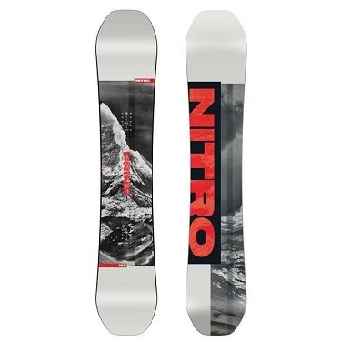 Pair of snowboards with grayscale mountain photography; left board has a small red brand label, right board features bold red 'NITRO' vertical lettering.