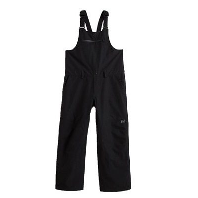 Black ski bib pants with adjustable suspenders, front zipper, and reinforced knees; weatherproof outerwear for winter conditions