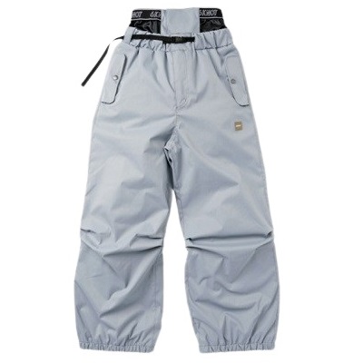 Light gray snow pants with a black adjustable belt and side pockets