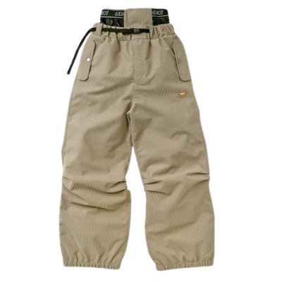 Beige cargo-style pants with elastic cuffs, a black belt, and side pockets on a white background, viewed front-on.