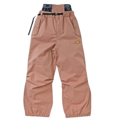 Beige-pink waterproof snow pants with an adjustable belt, side pockets, and elastic ankle cuffs for winter wear.