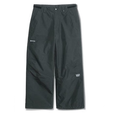 Black waterproof rain pants with elastic waistband, zip fly, side pockets, and small brand logos on the leg.