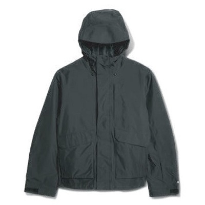 Charcoal-gray hooded windbreaker jacket with a front zipper and two large pockets, laid flat.