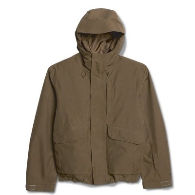 Brown hooded jacket with two large front pockets, zip front, and adjustable cuffs — a windbreaker-style outerwear piece.