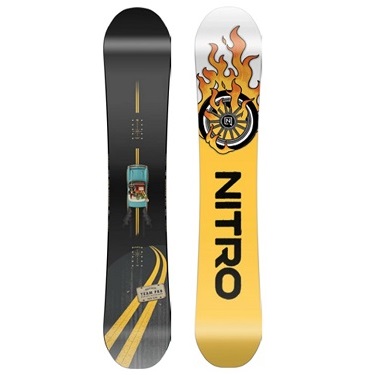 Two Nitro snowboards shown side by side: a dark, road-inspired design on the left and a bright yellow, flame-themed design with the word 'NITRO' on the right.