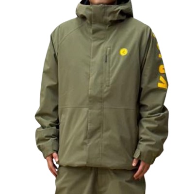 Person wearing an olive‑green hooded rain jacket with a chest pocket and yellow logo, standing with hands at the sides.