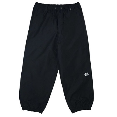 Black jogger pants with an elastic waistband and cuffs; small white logo on the lower left leg.
