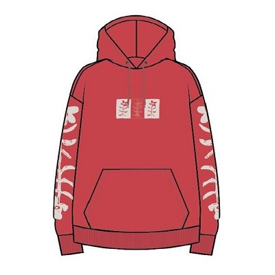 Red hoodie featuring white skeleton ribcage designs along the sleeves and two square logos on the chest, with a front pocket visible.