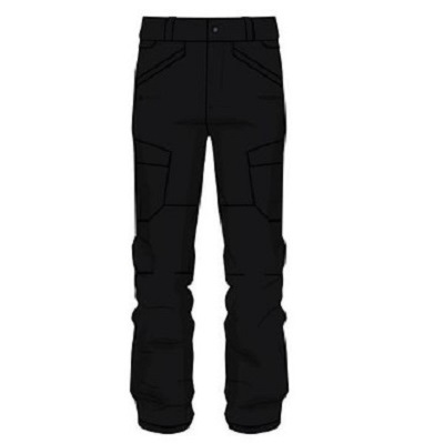 Front view of black cargo pants with multiple pockets and reinforced knee panels.