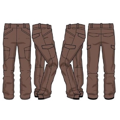 Brown cargo pants shown from four angles (front, left side, right side, and back) with multiple pockets and belt loops, on a white background.