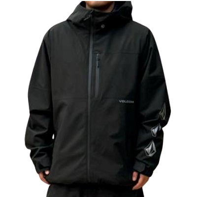 Black hooded windbreaker with a zip chest pocket, worn by a person; Volcom logo on the left chest.