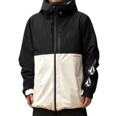 Person wearing a black-and-cream color-block windbreaker with hood and front zipper