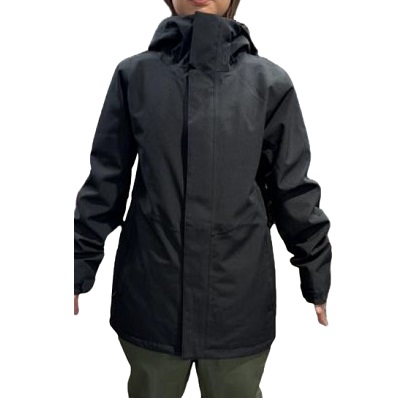 Person wearing a black waterproof hooded jacket with a front zipper, standing with arms slightly out.