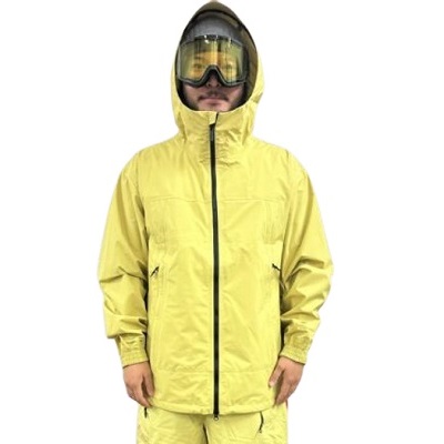 Person wearing a bright yellow waterproof hooded jacket with a full-length black zipper and interaction-ready pockets, plus matching yellow trousers and protective goggles.