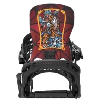 bentmetal - SHOP NEWS | ムラサキスポーツオンラインストア 通販 Snowboard binding with a red highback featuring a colorful tiger graphic and a black baseplate.
