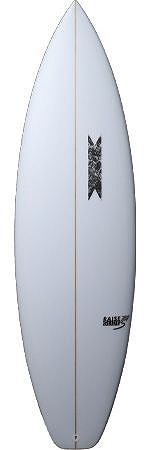image - SHOP NEWS | ムラサキスポーツオンラインストア 通販 White surfboard viewed from above, showing a central stringer and logos on the upper-right and near the tail.
