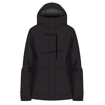 Black hooded winter jacket with front zipper and two side pockets, shown from the front.