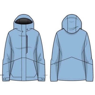 Front and back views of a light blue hooded jacket with zipper pockets and seam detailing.