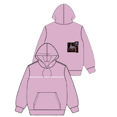Two lavender hoodies shown: a front view with a kangaroo pocket and hood, and a back view featuring a small patch on the upper back.