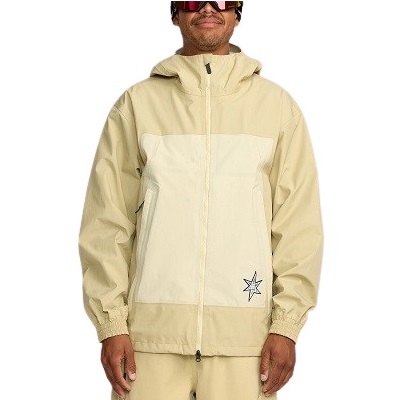 Person wearing a beige hooded windbreaker with a front zipper and a large front pocket; small star patch on the lower right pocket.