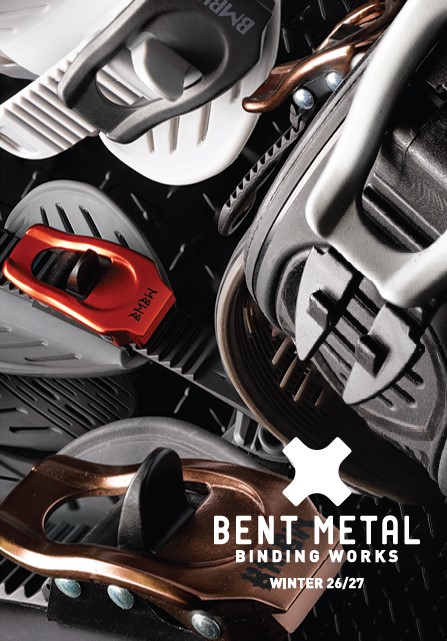 スクリーンショット 2026-06-20 122046 - SHOP NEWS | ムラサキスポーツオンラインストア 通販 Close-up of metal snowboard binding components; catalog cover for Bent Metal Binding Works Winter 26/27.