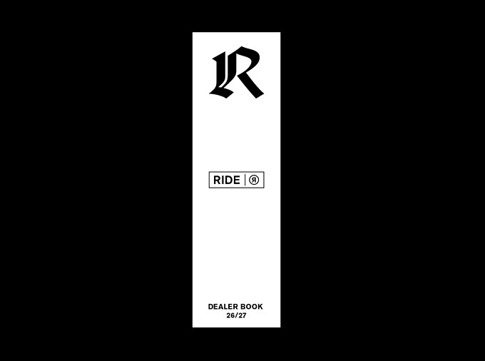 Tall white dealer book cover on a black background, featuring a Gothic 'R' logo at the top, a centered 'RIDE' badge, and 'DEALER BOOK 26/27' at the bottom.