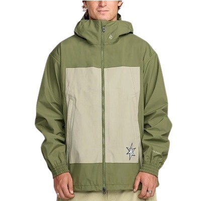 Olive green windbreaker with beige front panels, zip front, hood, worn by a person; star patch on the left chest.