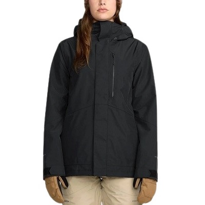 Person wearing a black waterproof jacket with a hood and vertical chest zip pocket, beige gloves visible at the sides.