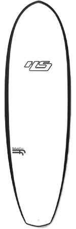 White vertical surfboard with a black edge, featuring a light gray 'JS' logo near the center and a small black brand mark toward the lower left.