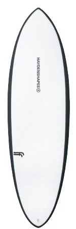 White surfboard photographed from above, with black rails along the sides and a small logo near the tail; vertical branding text runs along the center.