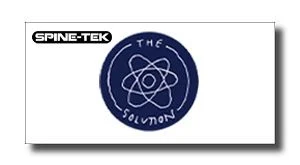 Spine-Tek branding beside a blue circular logo featuring an atom symbol