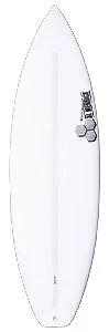 White surfboard with a small black logo on the upper right side