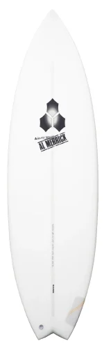White shortboard surfboard with a black Al Merrick logo along the center.