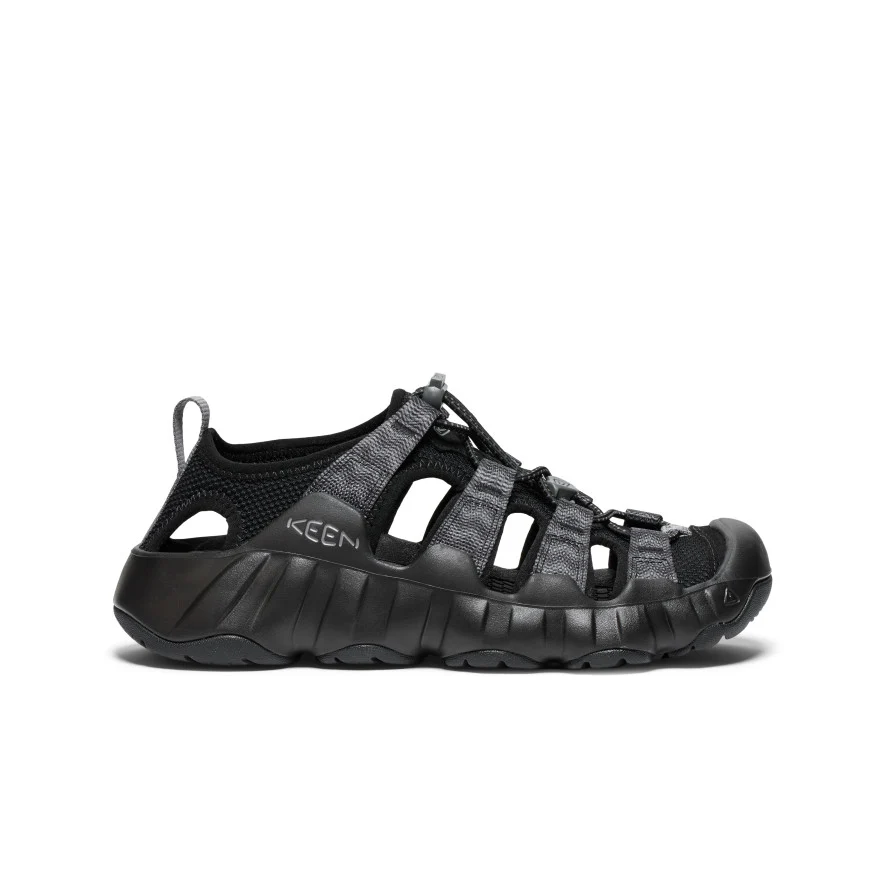 Black KEEN outdoor sandal with multiple straps, closed toe, and rugged rubber sole on a white background.