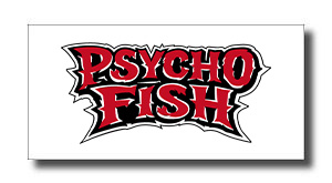 Psycho Fish logo with red, black-outlined lettering on a white background