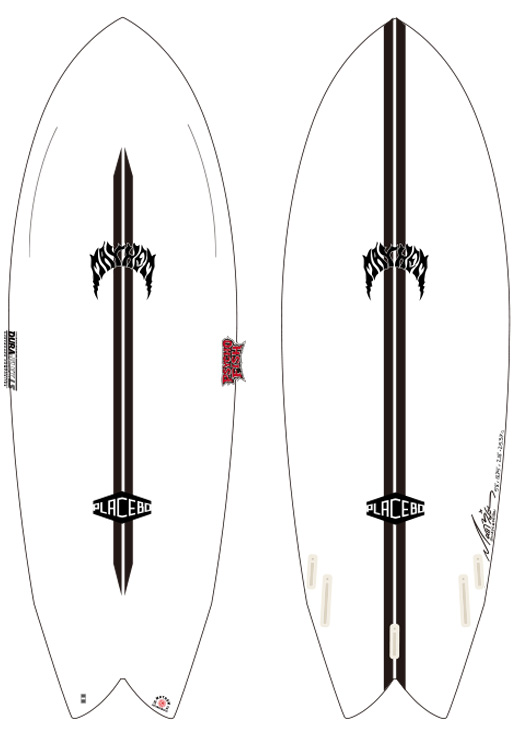 Pair of white surfboards featuring a bold black vertical sword graphic running down the center; left board shows a small Placebo logo near the tail, right board has signatures along the edge and multiple attachment slots.