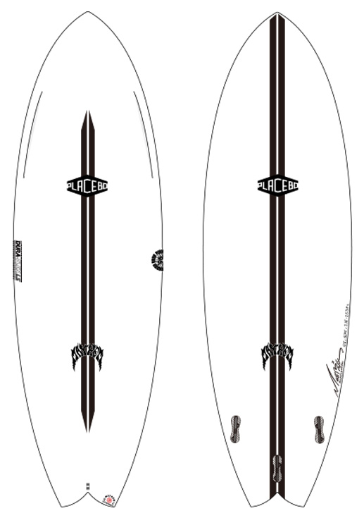 Pair of white surfboards with a vertical dark brown center stripe and Placebo logo near the middle, shown side by side (front and back views).
