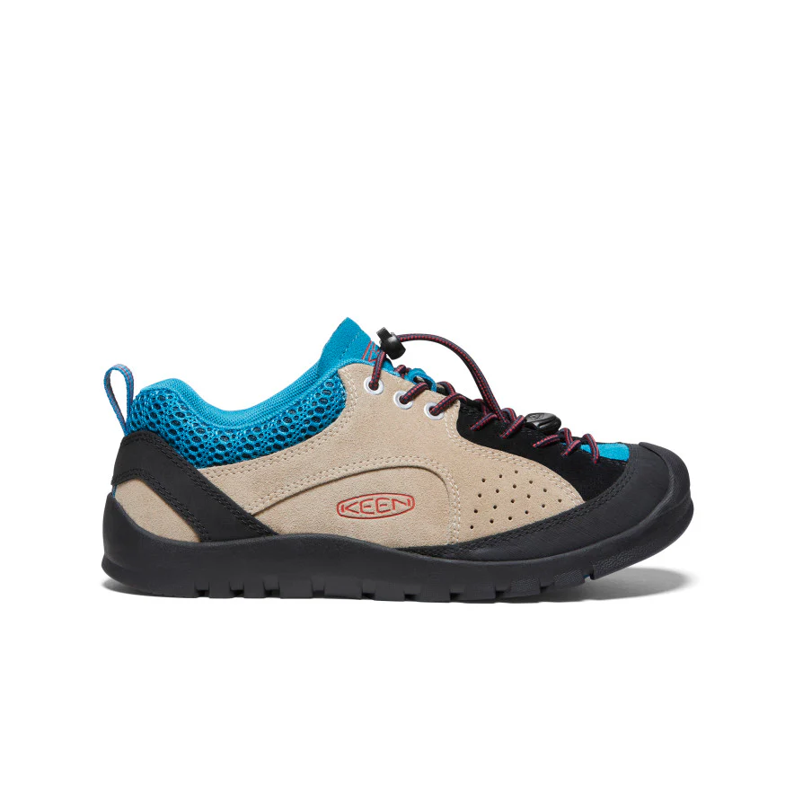 f022f149fb1856cd900c53abfd2c5f32c960a7e9jpg - SHOP NEWS | ムラサキスポーツオンラインストア 通販 Beige KEEN hiking shoe with teal mesh collar, black toe cap, and lace-up design shown in side view.