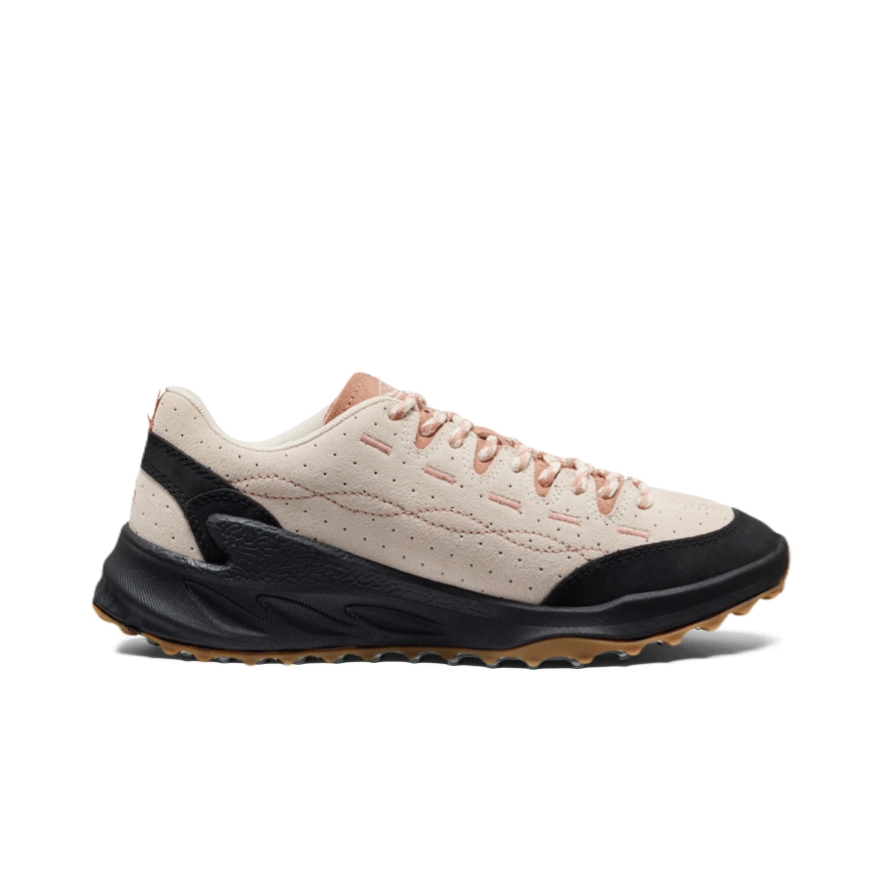 Beige and black athletic sneaker with pink laces and gum sole on a white background.