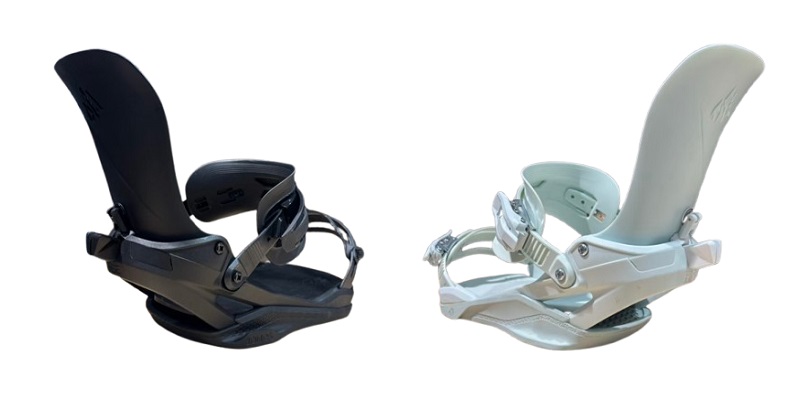 NEBULA3 - SHOP NEWS | ムラサキスポーツオンラインストア 通販 Pair of snowboard bindings, one black and one white, with highbacks and ankle straps visible down the sides.