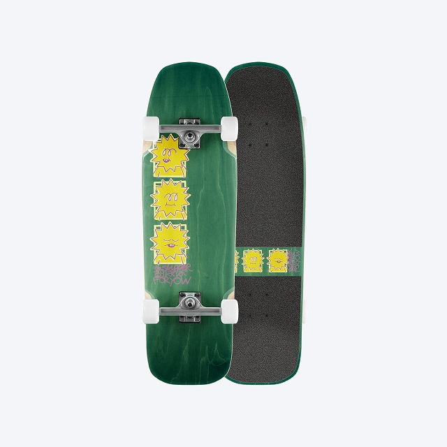 Green twin-sided longboard with white wheels and trucks, featuring yellow sun sticker designs on the deck edge and grip tape on the other side.