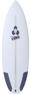 White surfboard with a blue geometric logo midboard, center fin box, and dark blue tail patches.