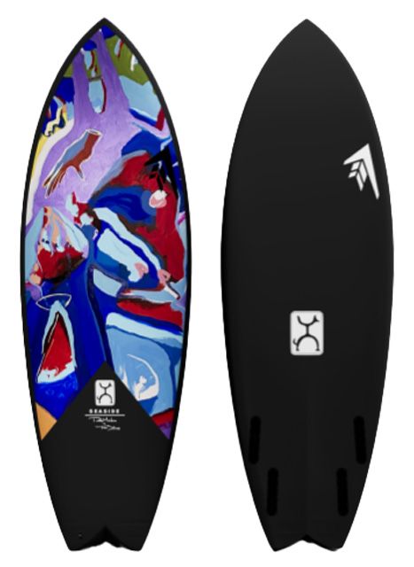 9-ycNJlw - SHOP NEWS | ムラサキスポーツオンラインストア 通販 Pair of surfboards shown from the top: the left board has a colorful abstract artwork on the deck with a small logo near the tail; the right board is solid black with a white logo and fin-box slots.